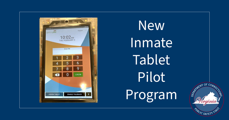 Imagen de la tabla informativa de VADOC para reclusos y texto que indica “New Inmate Tablet Pilot Program” (Nuevo programa piloto de tabletas para reclusos)